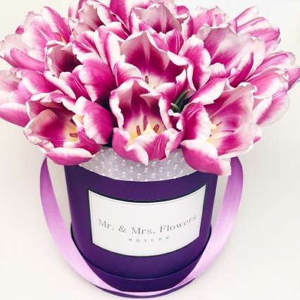 Композиция в шляпной коробке " Maxi" фиолетовая тюльпаны